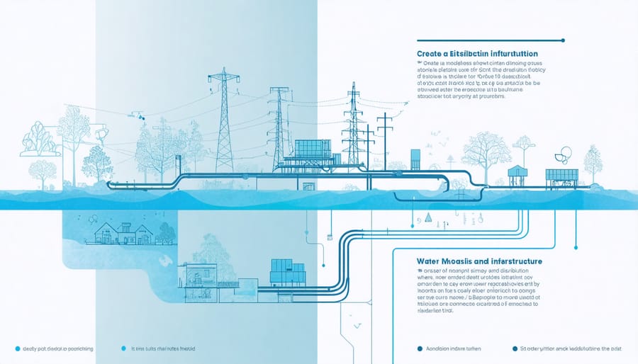 Diagram illustrating components of a collective water management system including pipes, pumps, and monitoring equipment