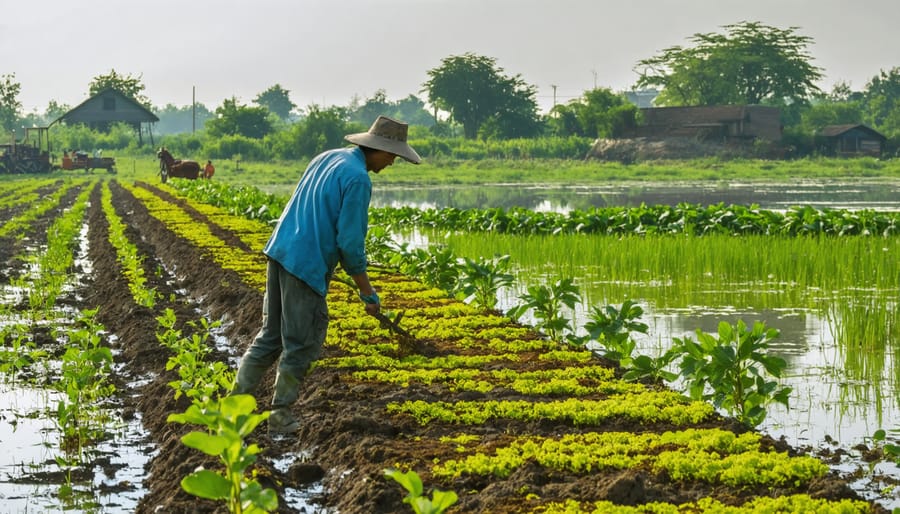 Agricultural worker maintaining a wetland buffer zone with diverse native plants