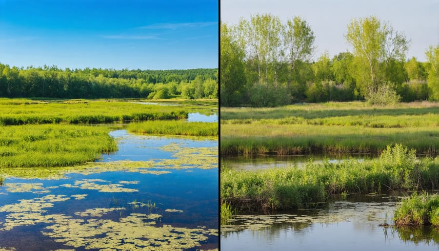 Side-by-side comparison of a wetland site before and after restoration efforts