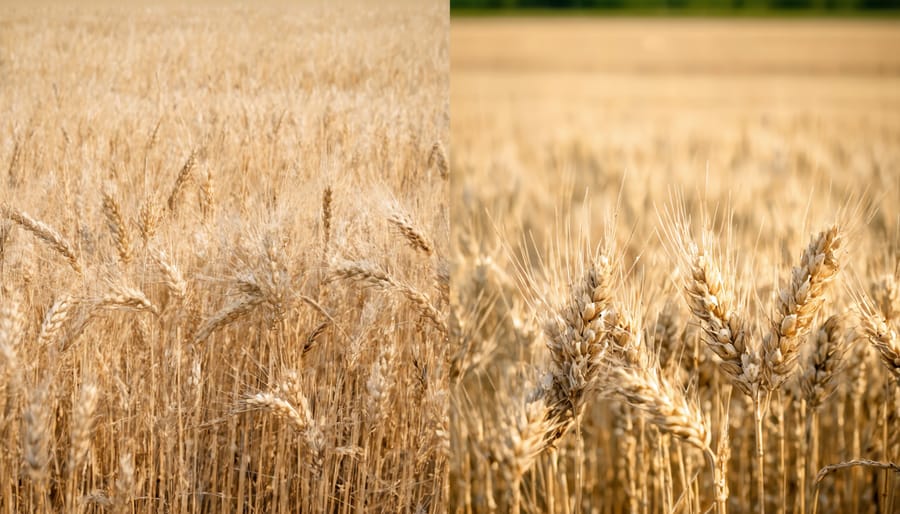 Side-by-side comparison of traditional wheat struggling in drought conditions next to thriving climate-resistant wheat