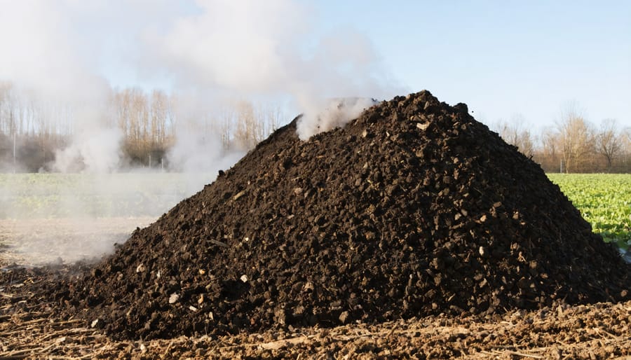 Steaming compost windrow in winter conditions on a prairie farm