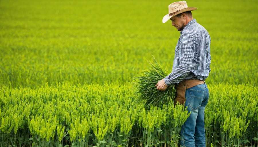 Farmer in Alberta field inspecting dense cover crop growth