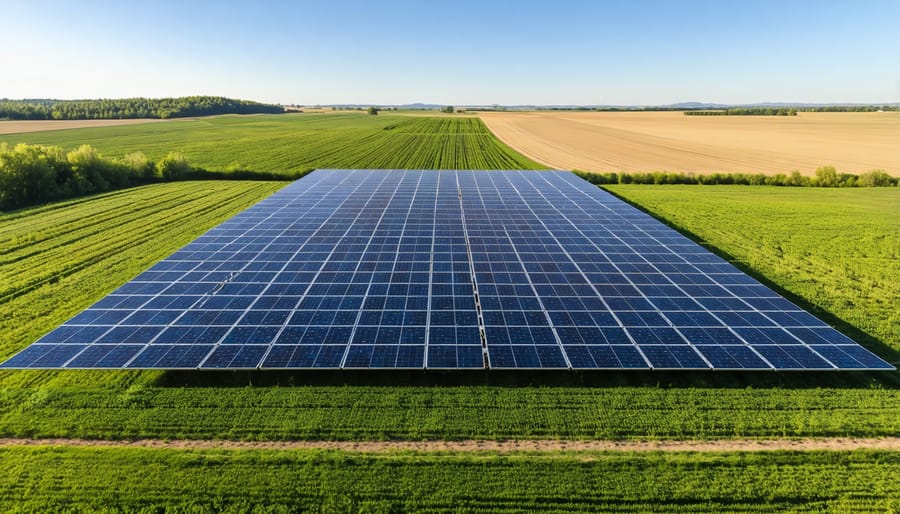 Drone photograph showing solar panel arrays integrated with agricultural land in Alberta