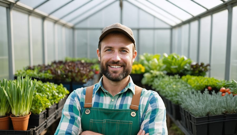 Smiling organic farmer in Alberta standing next to greenhouse funded by grant program