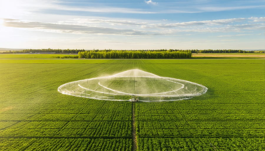 Drone view of precision irrigation systems on an Alberta farm showing circular crop patterns