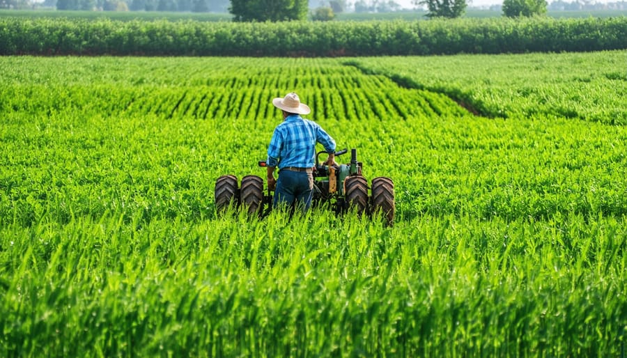 Farmer walking through diverse cover crop field with no-till equipment visible in background