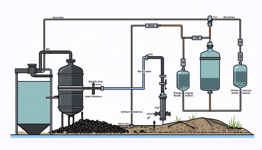 Technical diagram illustrating the components and layout of a biochar water filtration system