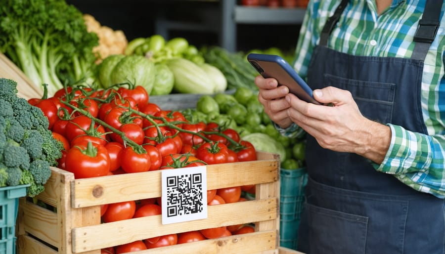 Farmer using blockchain tracking system to scan organic produce in field