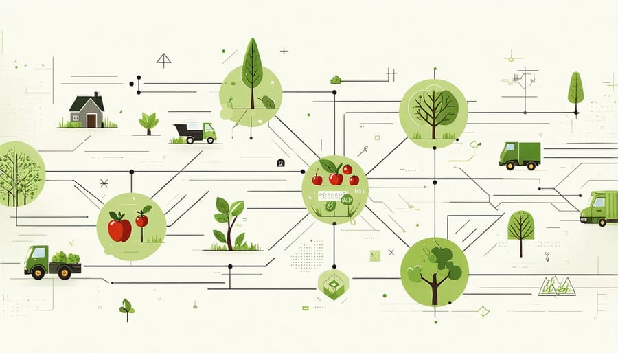 Infographic of blockchain network connecting farmers, distributors, and consumers in organic supply chain