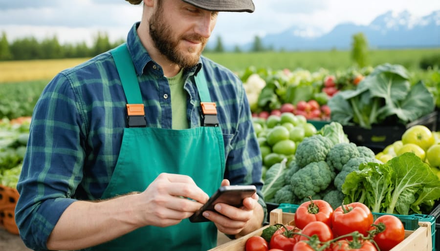 Organic farmer scanning crops with blockchain verification app on smartphone