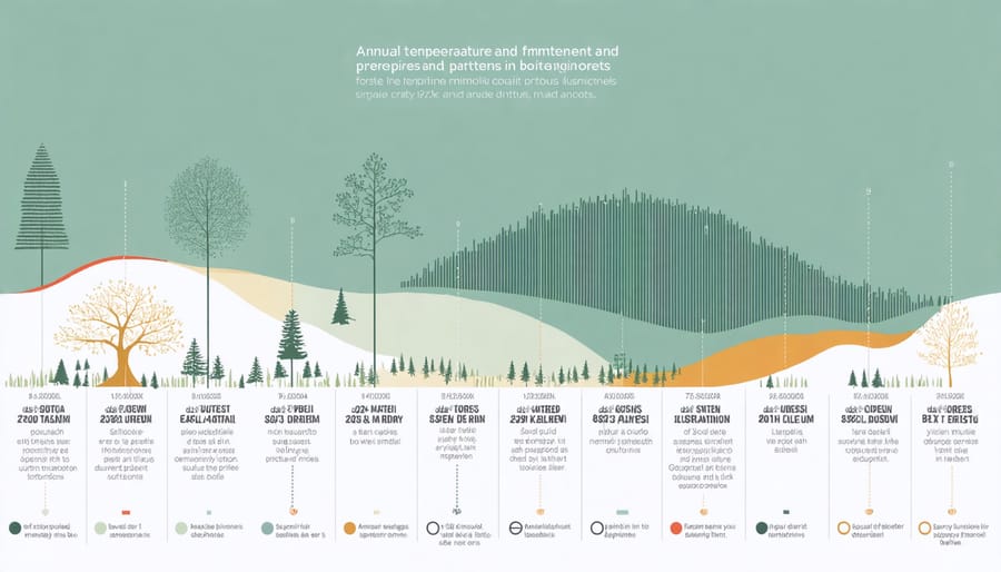 Climate data visualization showing temperature ranges and precipitation levels throughout the year in boreal forests