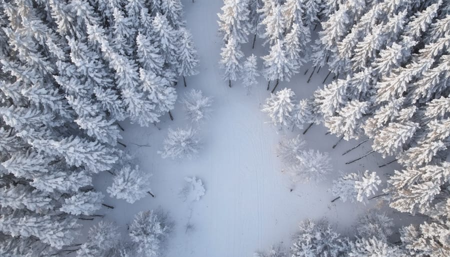 Snow-blanketed boreal forest landscape with evergreen trees stretching to the horizon