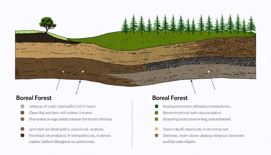 Illustrated cross-section of forest soil showing different layers and carbon storage mechanisms