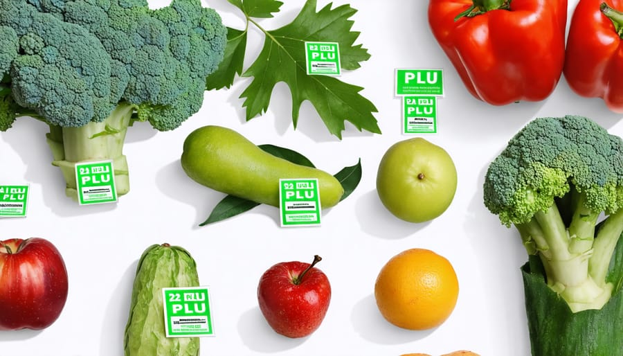 Collection of organic Canadian produce including apples, potatoes, and carrots with visible PLU codes