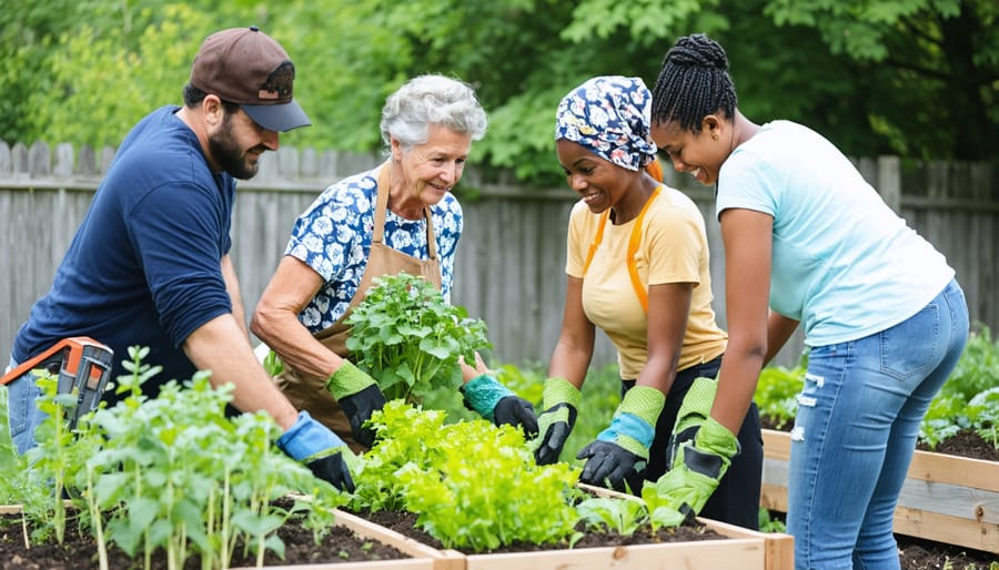 Multi-generational group constructing wooden raised beds in an urban garden setting