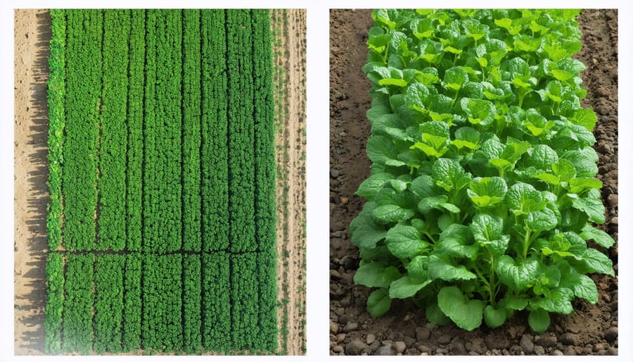 Side-by-side comparison of healthy crop rotation practices and pest-damaged monoculture crops