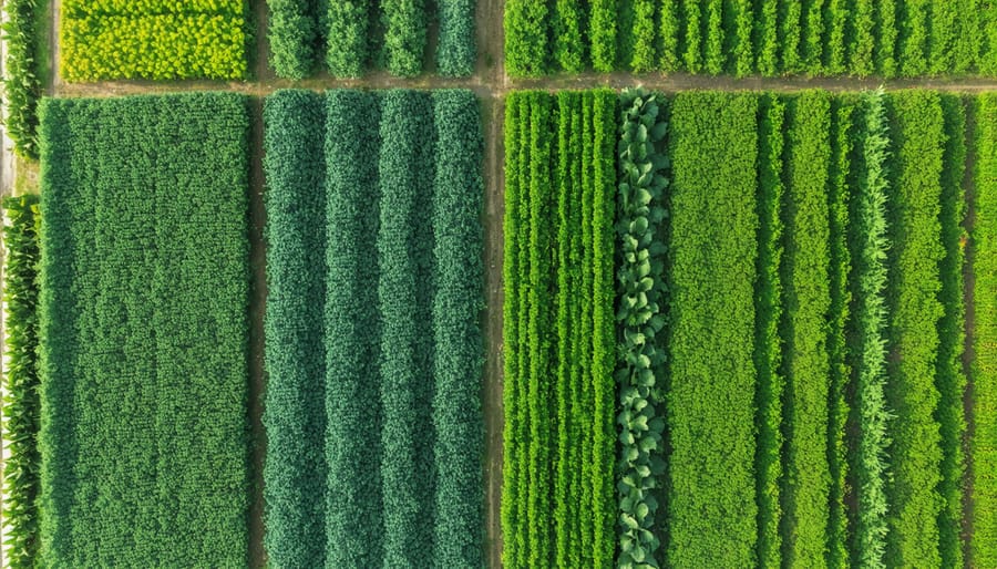 Bird's eye view of a diversified organic farm showcasing various agricultural plots and natural areas