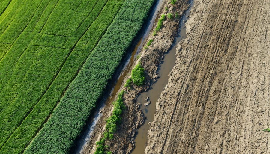 Side-by-side comparison of conventional drainage and regenerative stormwater conveyance systems on farmland