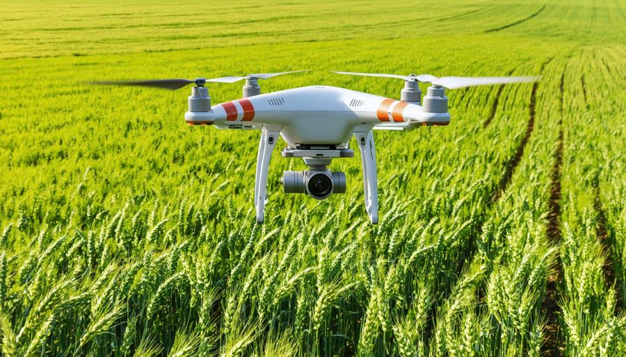 Modern farming drone monitoring crop health over organic wheat field