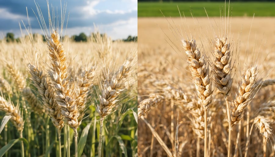 Comparative image showing healthy drought-resistant wheat next to stressed traditional wheat