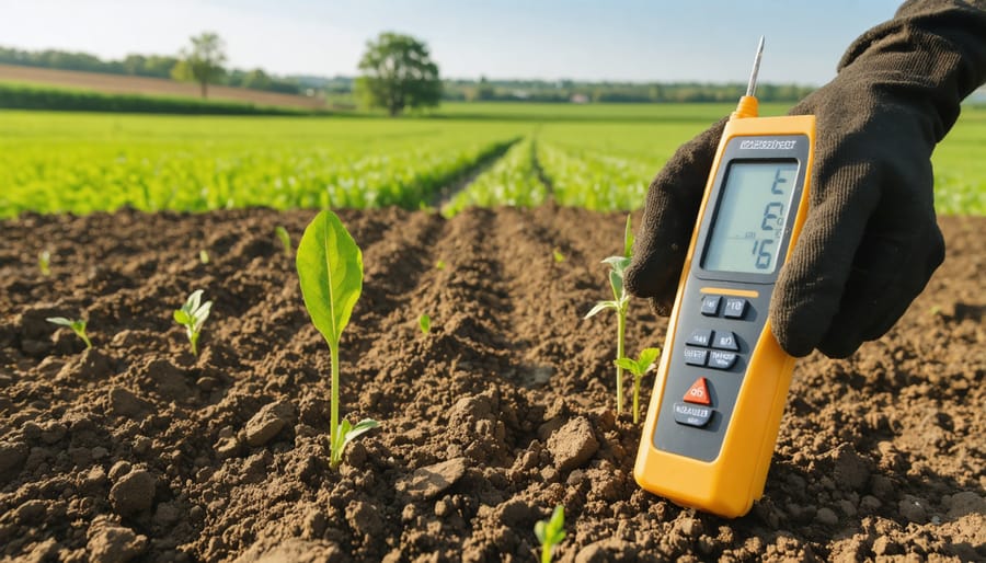 Handheld electrical conductivity meter measuring soil salinity in agricultural field