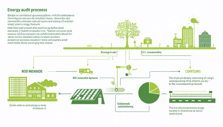 Visual diagram of farm energy audit steps and financial benefits calculation