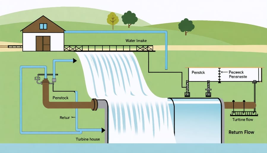 Technical illustration of a farm-based hydroelectric microgrid system