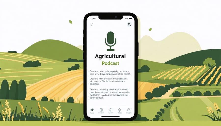 Smartphone showing farming podcast app in field setting