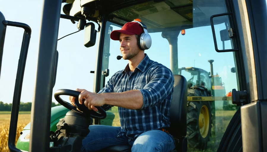 Agricultural worker listening to podcasts while operating a tractor