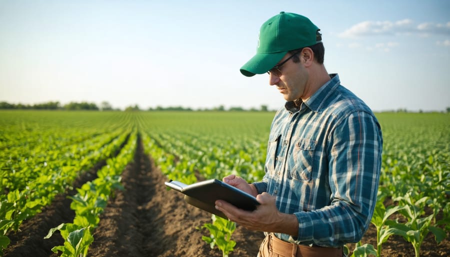 Farmer inspecting healthy crops grown using efficient water conservation techniques