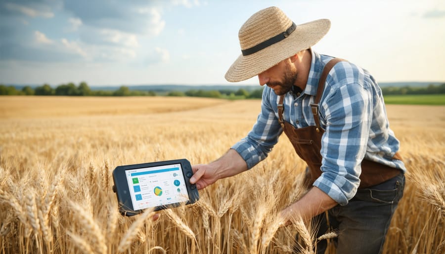 Farmer performing an organic verification test with a commercial test kit in a grain field