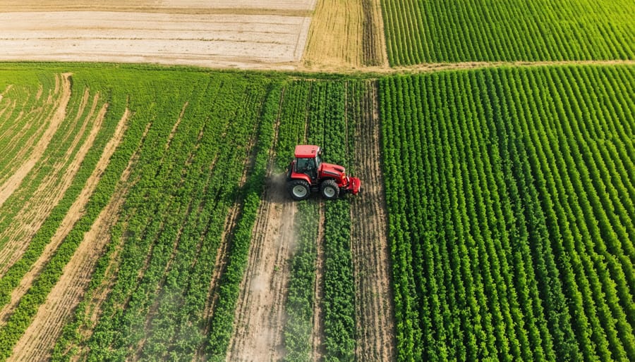 Overhead drone shot showing GPS-guided tractor paths in organic farmland