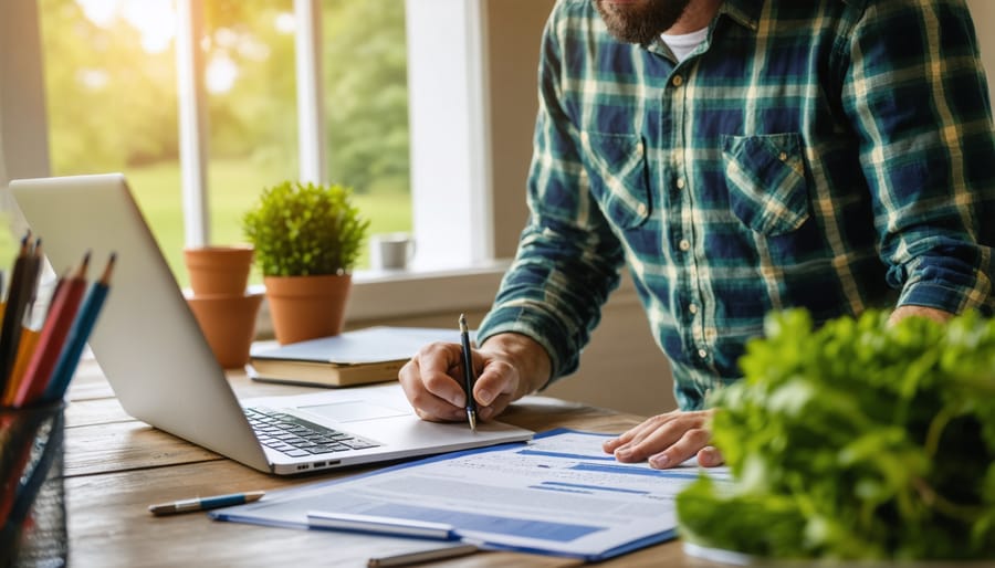 Organic farmer working on grant application paperwork with computer and documents