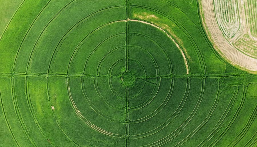 Drone photograph showing circular agricultural patterns and natural water retention systems on Alberta farmland