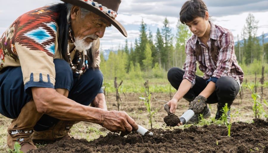 Indigenous knowledge keeper teaching soil assessment methods to diverse group of farmers