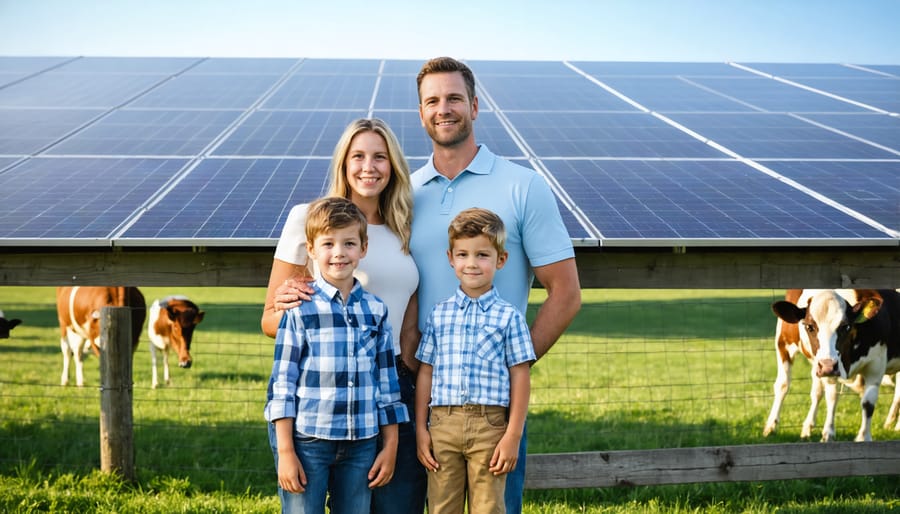 Alberta dairy farmers with their solar panel array installation in the background