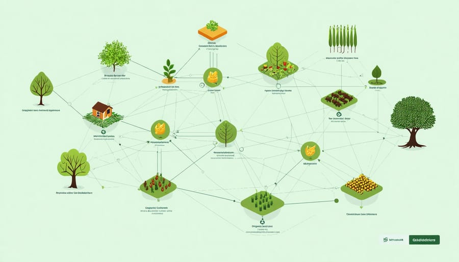 Visual representation of a decentralized blockchain network connecting organic agriculture stakeholders