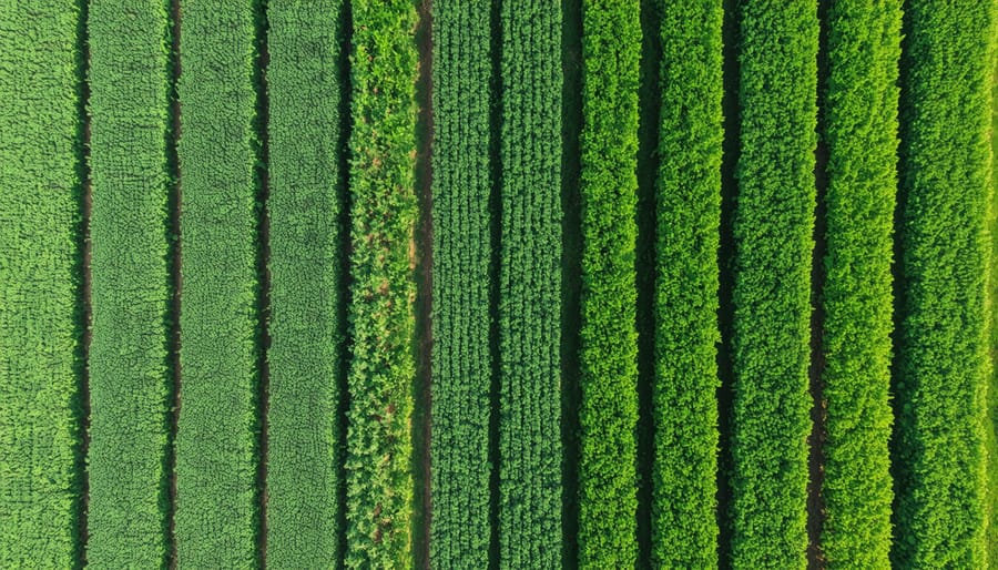 Bird's eye view of an organic farm with diverse crop fields and sustainable farming practices