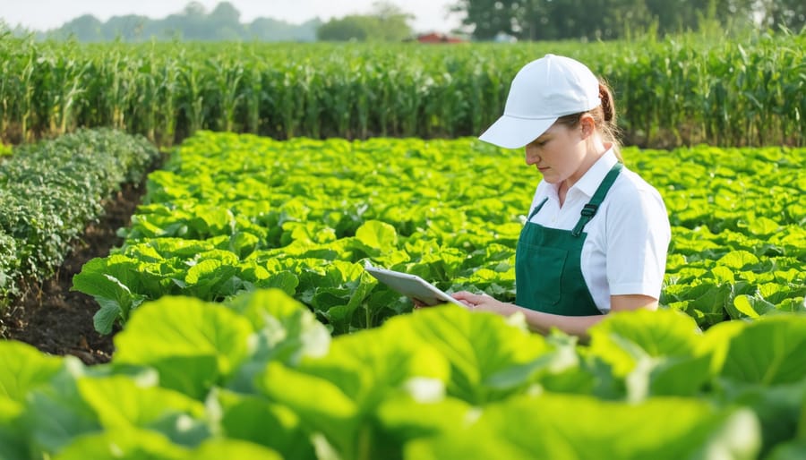 Organic certification inspector reviewing documentation with farmer in a certified organic field