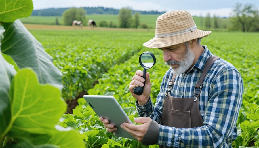 Organic farmer conducting pest monitoring activities with digital record keeping