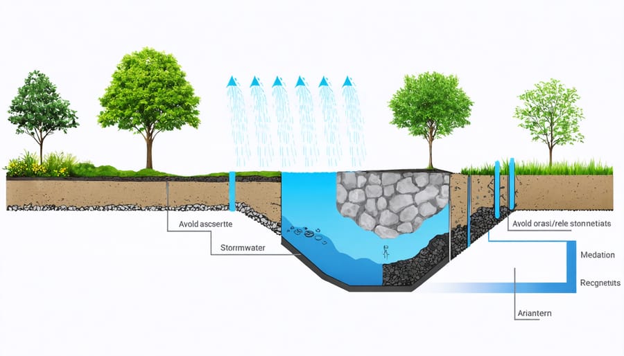 Technical illustration of RSC system layers including soil media, vegetation, and water flow patterns