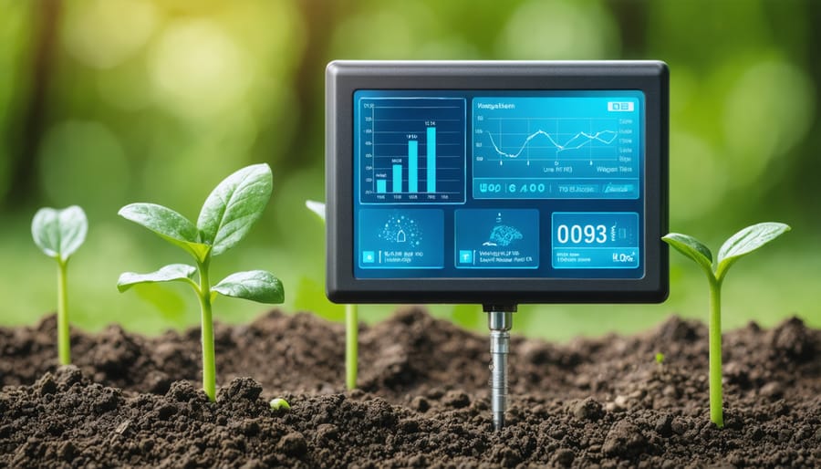 Smart irrigation monitoring device displaying water consumption metrics in a Kansas field