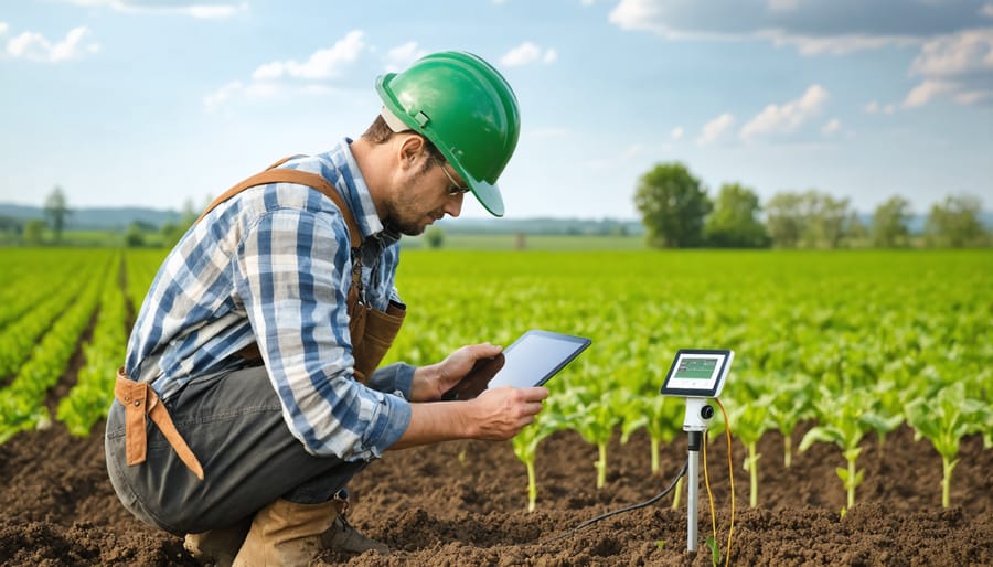 Farmer using digital soil monitoring technology in an organic field