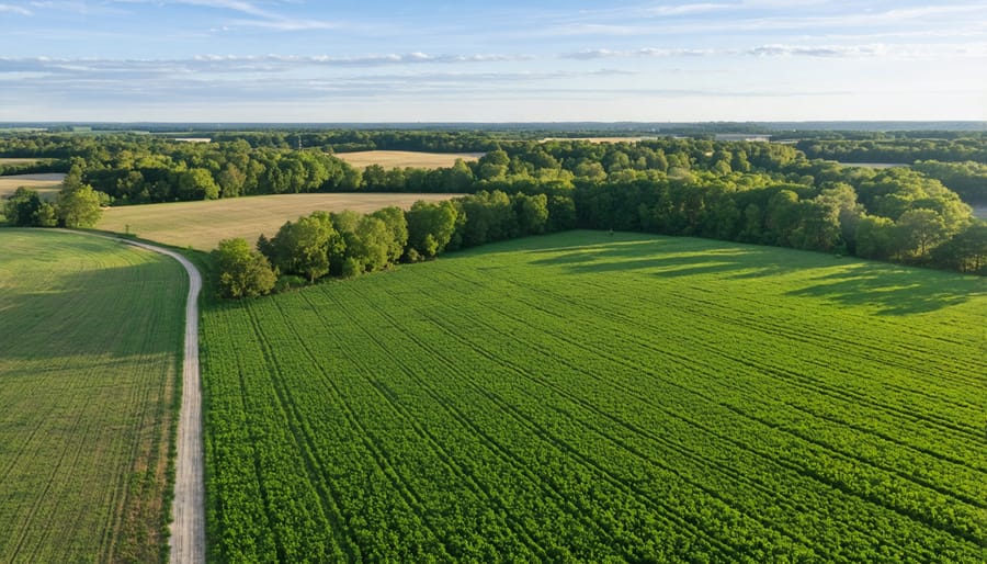 Drone photograph of farmland implementing multiple carbon-smart farming techniques