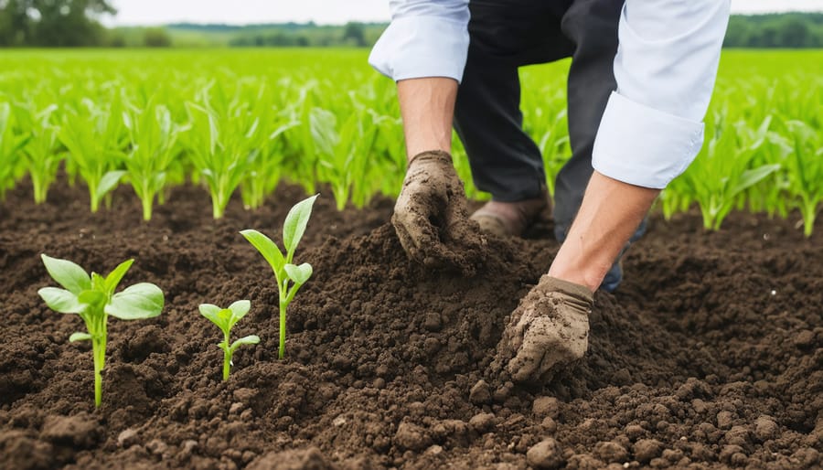 Agricultural professional analyzing soil quality and carbon content in a field