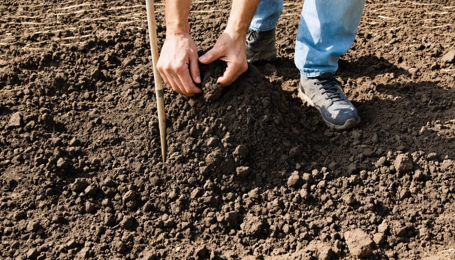 Farmer collecting soil samples at different depths using proper sampling tools