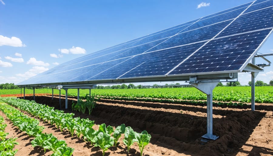 Low-light crops growing beneath raised solar panels on an Alberta farm