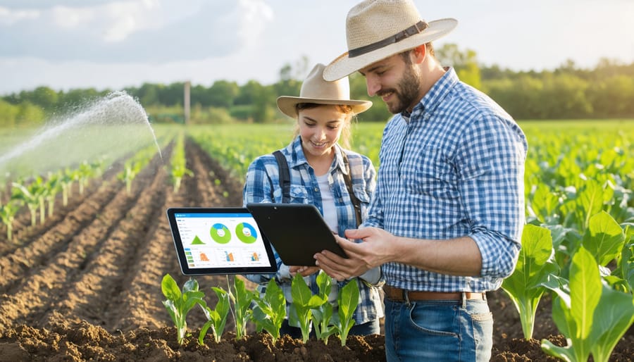 Organic farmers analyzing digital soil moisture readings in field