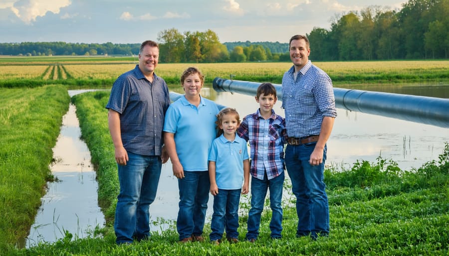 Farming family proudly showcasing their newly installed water recovery system with storage tanks in background