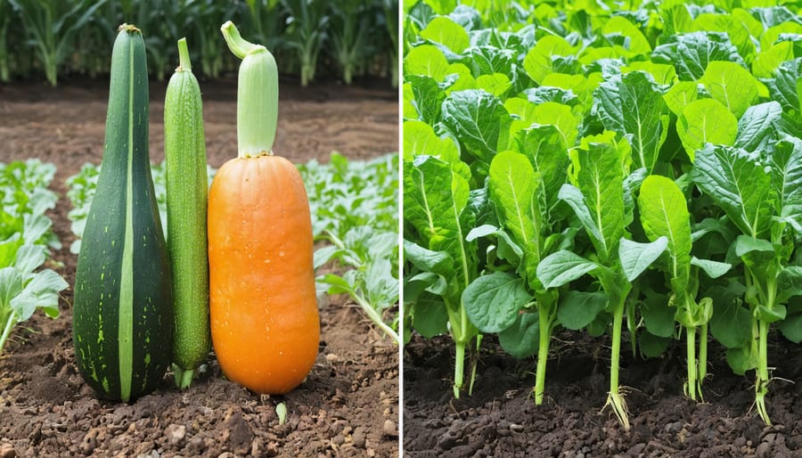 Side-by-side comparison of traditional Indigenous Three Sisters garden and modern companion planting farm field